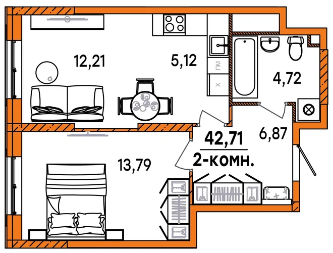 Планировка 2-комн. квартира, 42.71 м² ЖК «Юность» Планировка 2-комн. квартира, 42.71 м² ЖК «Юность»