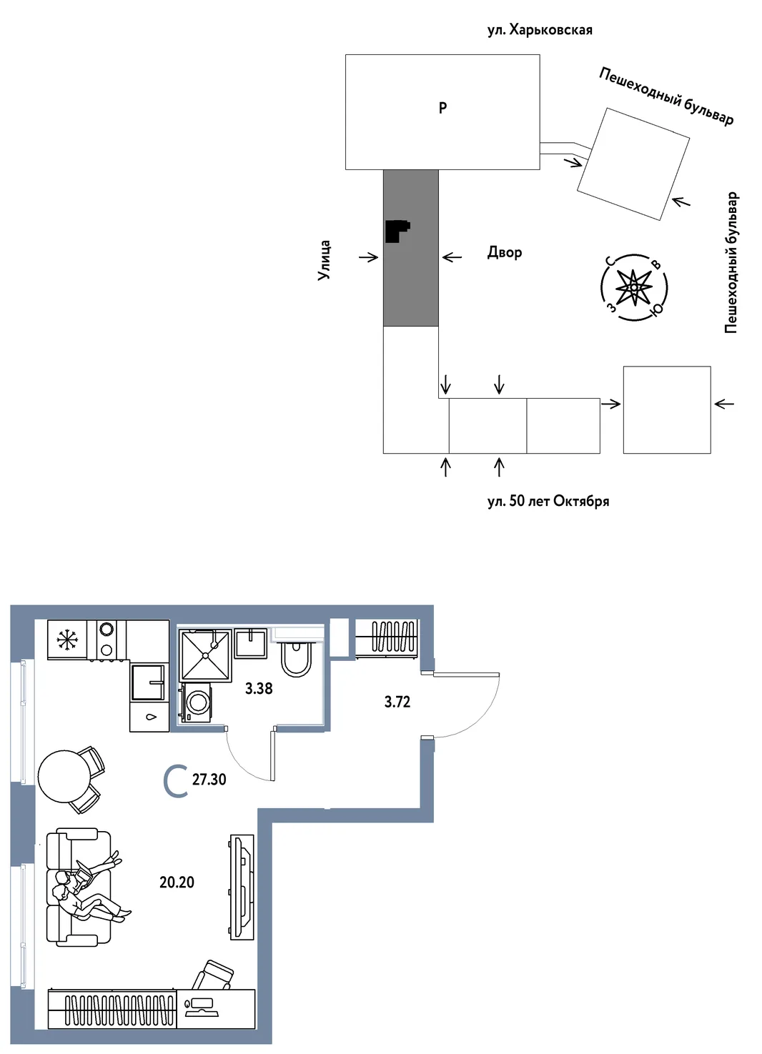 Планировка Студия, 27.3 м² ЖК «Сердце Сибири»