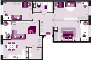 Планировка 4-комн. квартира, 103 м² ЖК «Первое место»