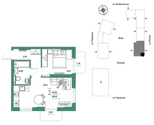 Планировка 2-комн. квартира, 42.56 м² ЖК «Уральский сад»