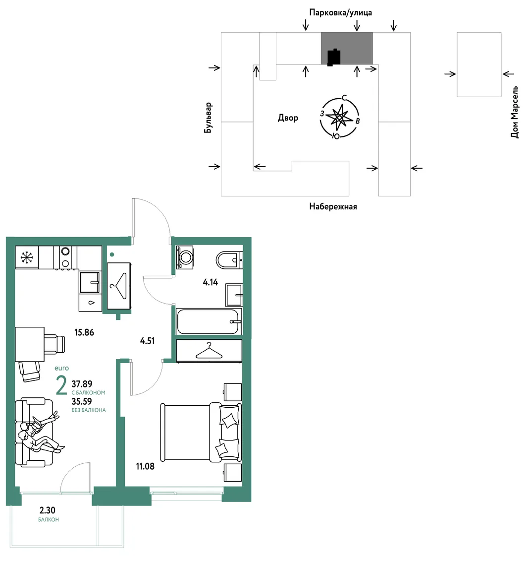 Планировка 2-комн. квартира, 37.89 м² ЖК «Европейский берег 2.0»