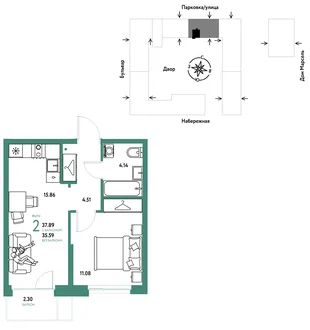 Планировка 2-комн. квартира, 37.89 м² ЖК «Европейский берег 2.0»