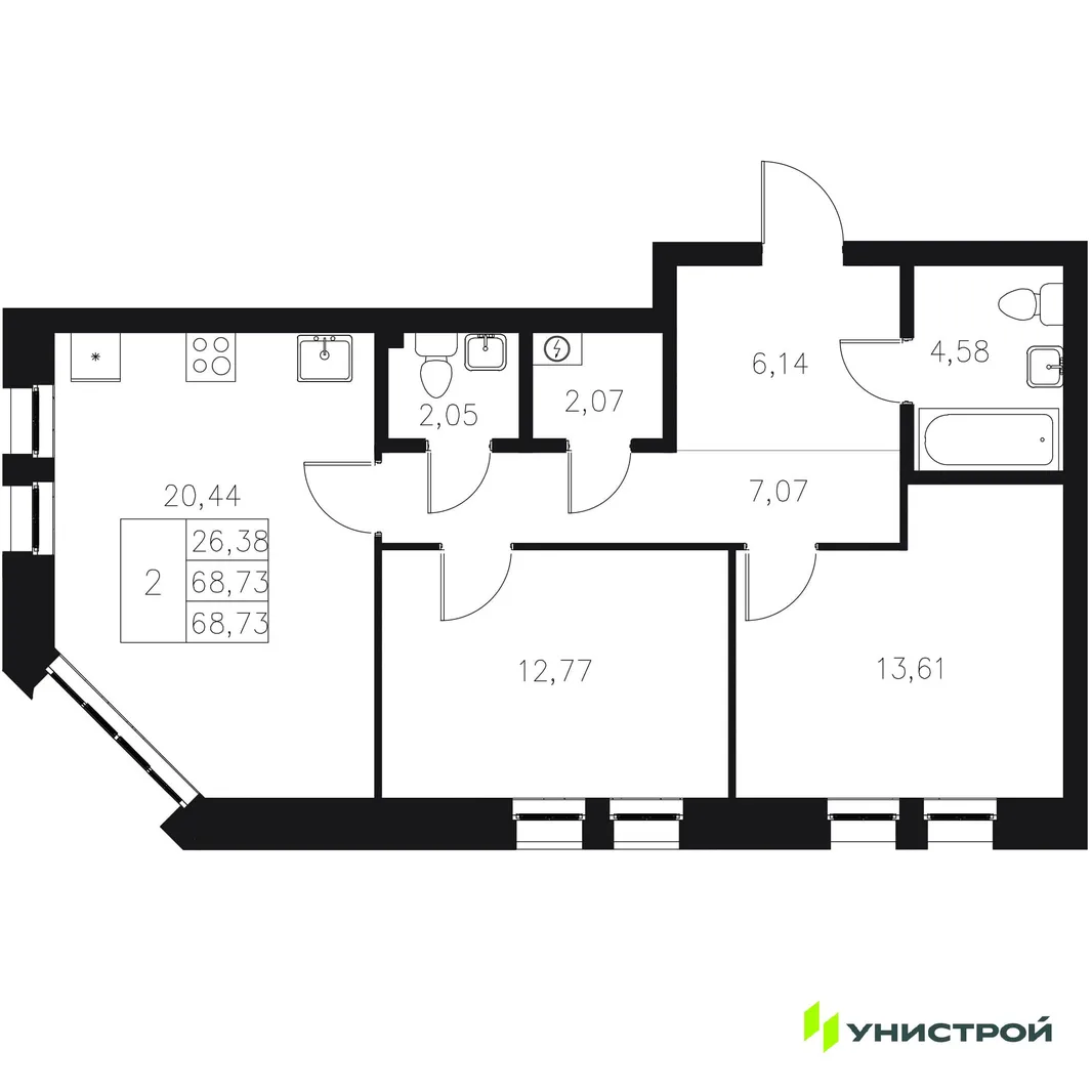 Планировка 2-комн. квартира, 68.73 м² ЖК «Statum»