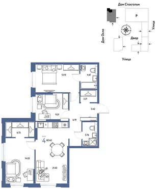 Планировка 4-комн. квартира, 82.43 м² ЖК «Европейский берег 2.0»