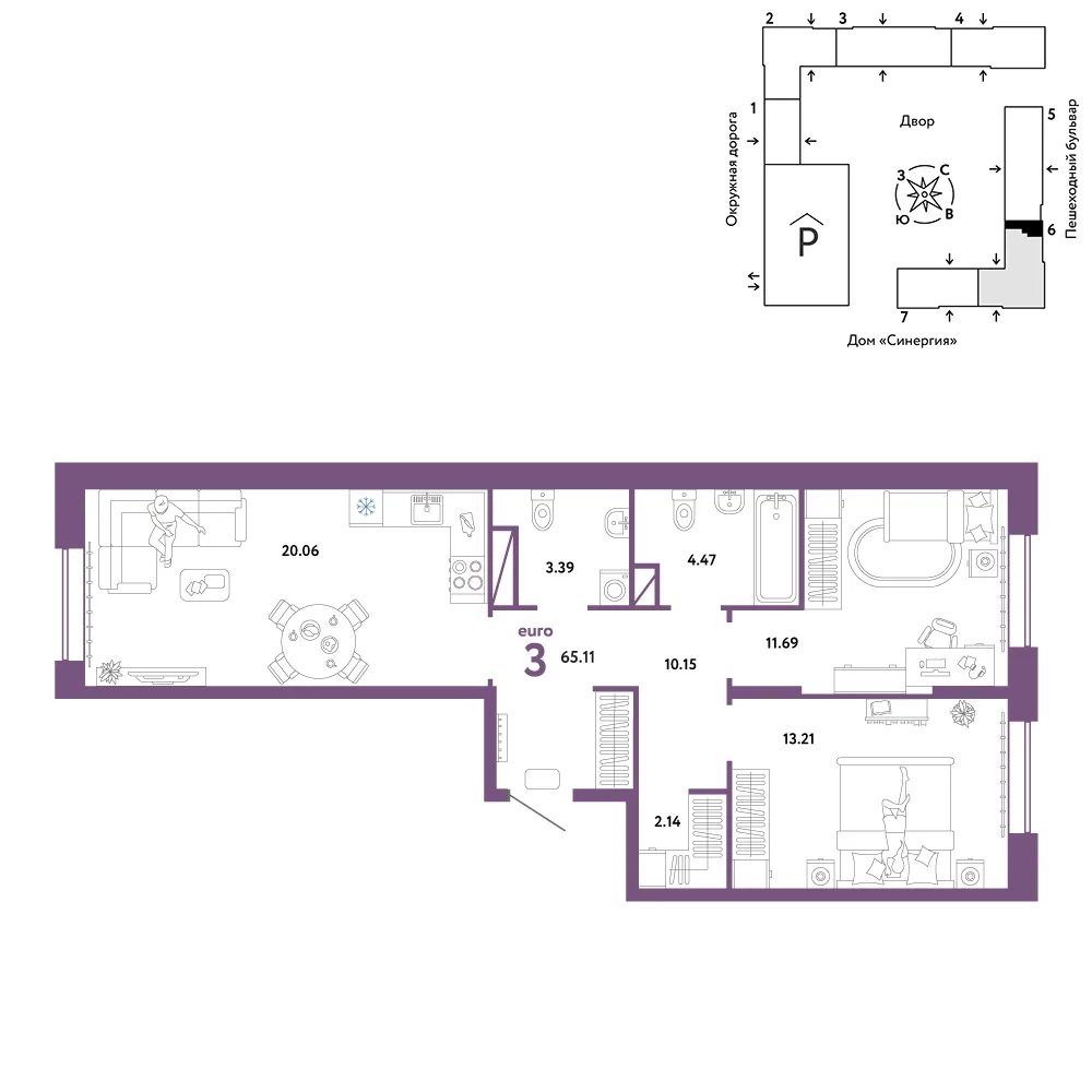Планировка 3-комн. квартира, 65.11 м² ЖК «Юнион»