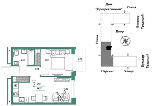 Планировка 2-комн. квартира, 37.31 м² ЖК «Микрорайон Домашний»