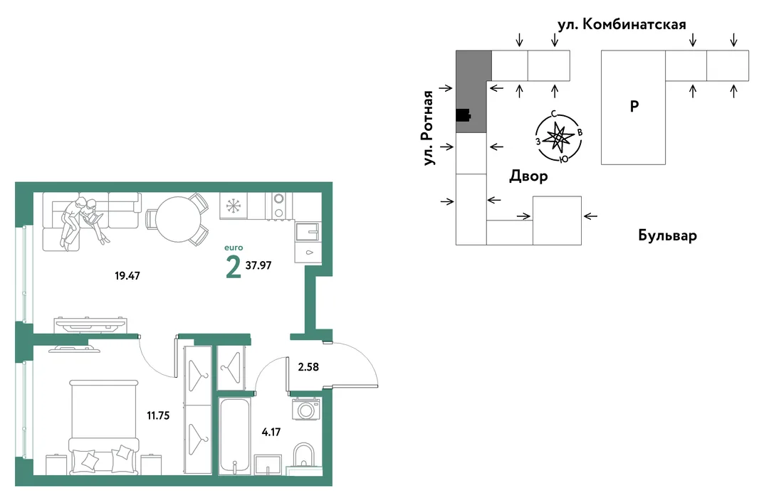 Планировка 2-комн. квартира, 37.8 м² ЖК «Уральский сад»