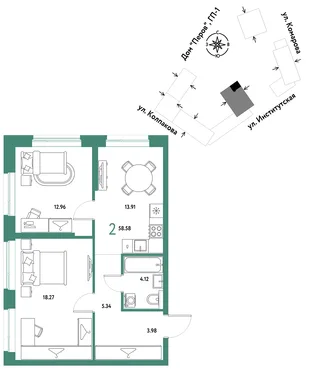 Планировка 2-комн. квартира, 58.58 м² ЖК «Страна.Парковая»