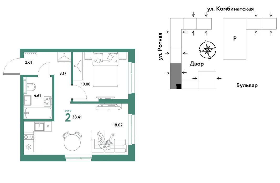 Планировка 2-комн. квартира, 38.12 м² ЖК «Уральский сад»