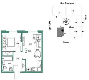 Планировка 2-комн. квартира, 40.36 м² ЖК «Европейский берег 2.0»