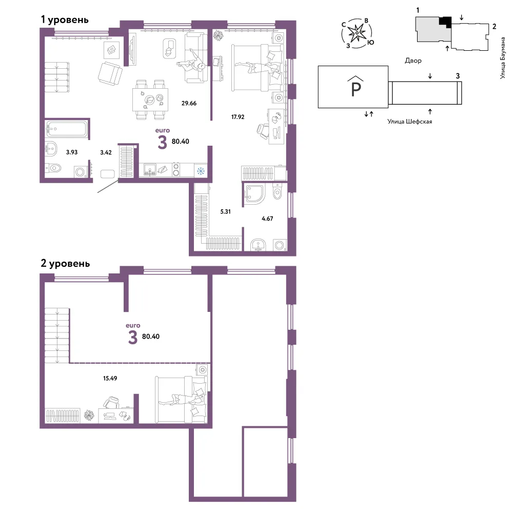 Планировка 3-комн. квартира, 80.4 м² ЖК «Страна.Энтузиастов»