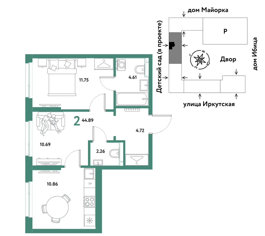 Планировка 2-комн. квартира, 44.89 м² ЖК «Остров-сад»