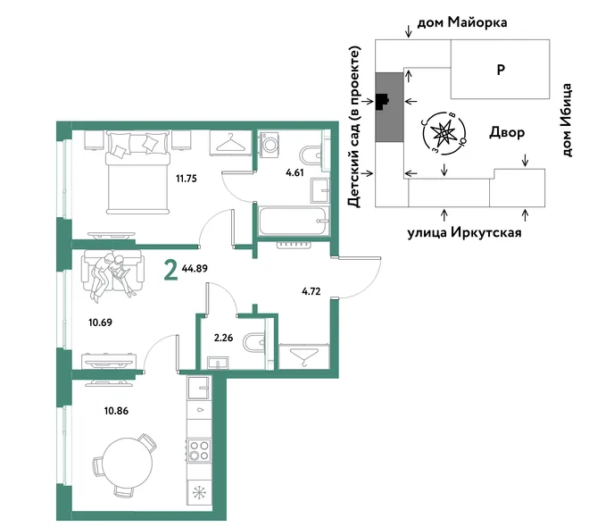 Планировка 2-комн. квартира, 44.89 м² ЖК «Остров-сад» Планировка 2-комн. квартира, 44.89 м² ЖК «Остров-сад»