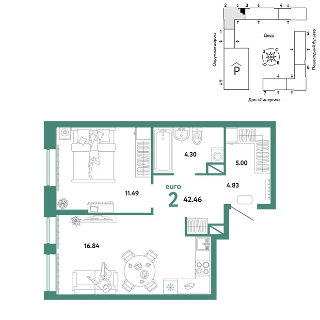 Планировка 2-комн. квартира, 42.46 м² ЖК «Юнион» Планировка 2-комн. квартира, 42.46 м² ЖК «Юнион»