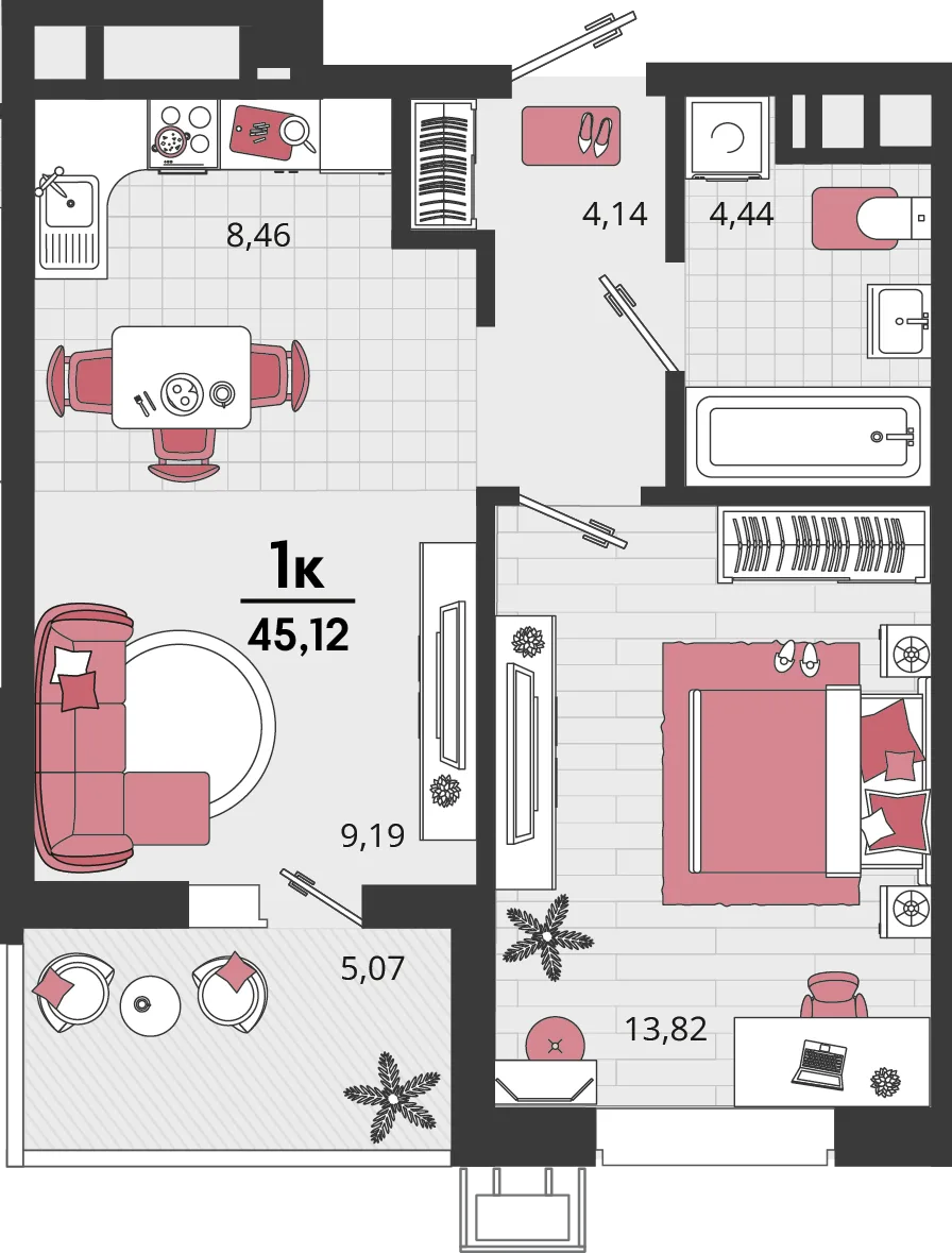 Планировка 2-комн. квартира, 45.12 м² ЖК «Родные просторы»