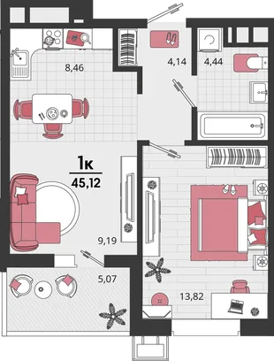 Планировка 2-комн. квартира, 45.12 м² ЖК «Родные просторы»