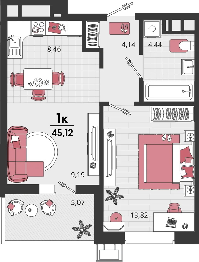 Планировка 2-комн. квартира, 45.12 м² ЖК «Родные просторы» Планировка 2-комн. квартира, 45.12 м² ЖК «Родные просторы»