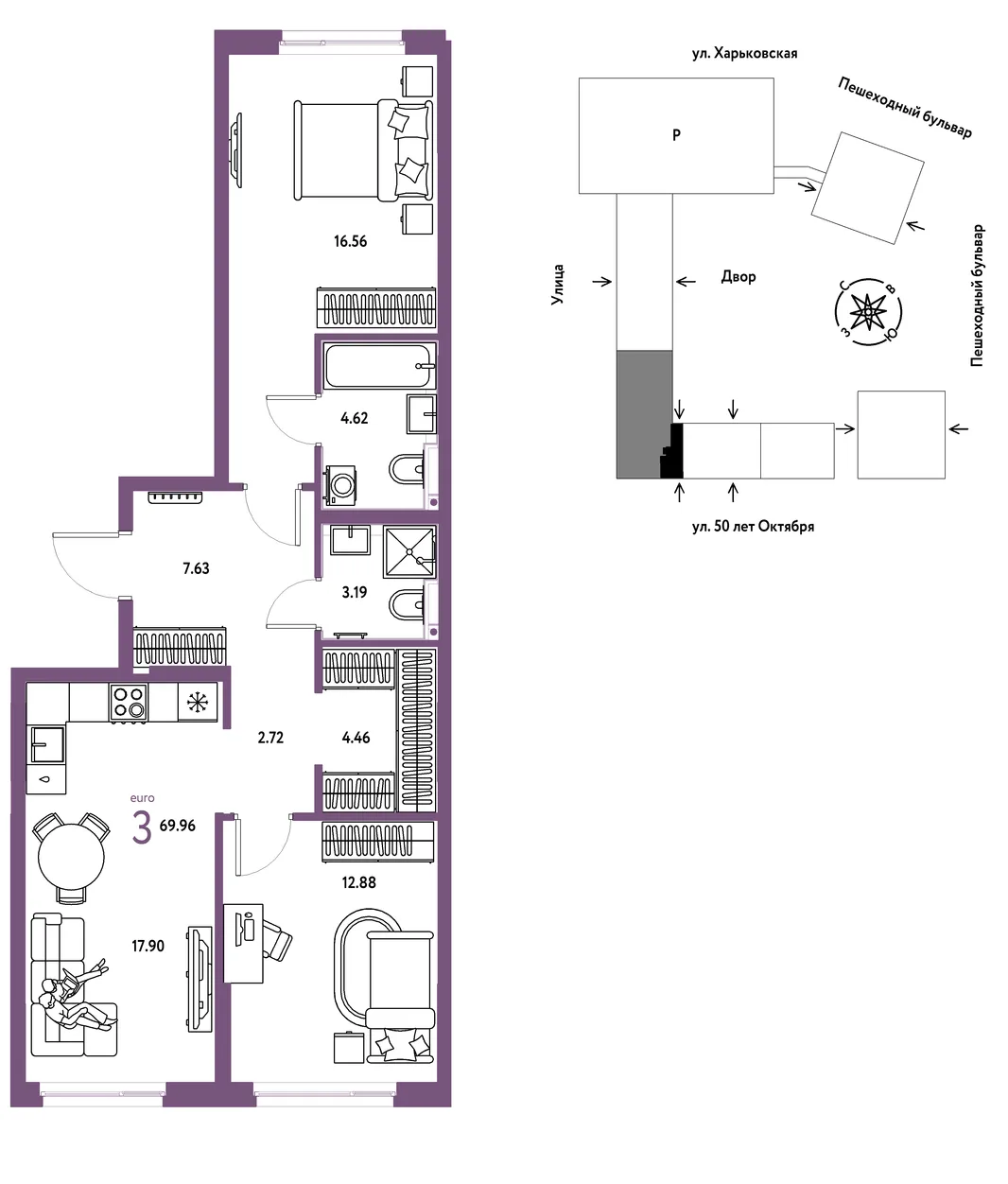 Планировка 3-комн. квартира, 69.96 м² ЖК «Сердце Сибири»