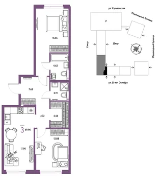 Планировка 3-комн. квартира, 69.96 м² ЖК «Сердце Сибири»