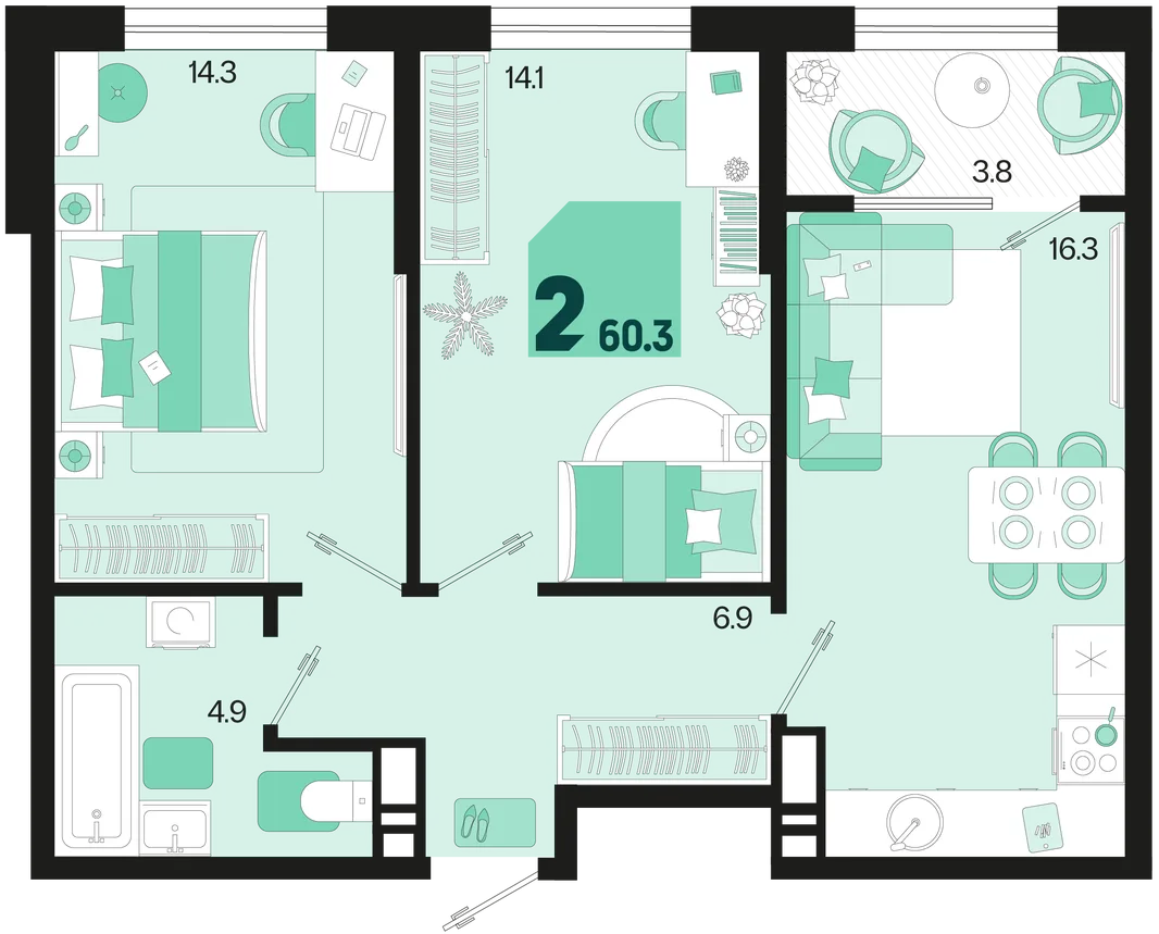Планировка 2-комн. квартира, 60.3 м² ЖК «Первое место»