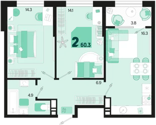 Планировка 2-комн. квартира, 60.3 м² ЖК «Первое место»
