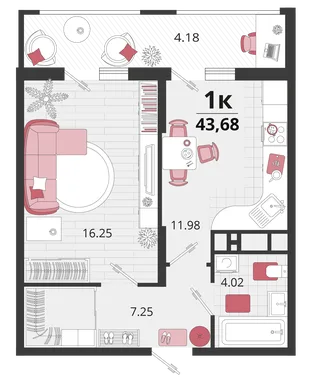 Планировка 1-комн. квартира, 43.8 м² ЖК «Родные просторы»