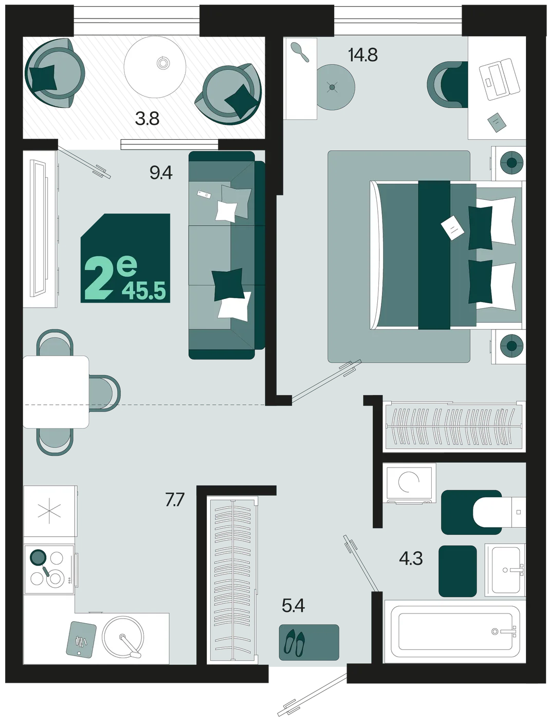 Планировка 2-комн. квартира, 45.5 м² ЖК «Первое место»
