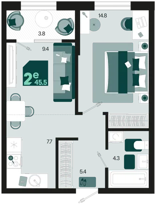 Планировка 2-комн. квартира, 45.5 м² ЖК «Первое место»