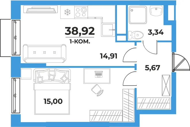 Планировка 1-комн. квартира, 38.92 м² ЖК «На семи холмах» Планировка 1-комн. квартира, 38.92 м² ЖК «На семи холмах»