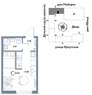 Планировка Студия, 23.62 м² ЖК «Остров-сад»