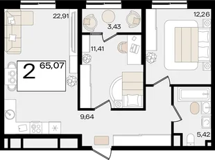 Планировка 2-комн. квартира, 65.07 м² ЖК «Патрики»