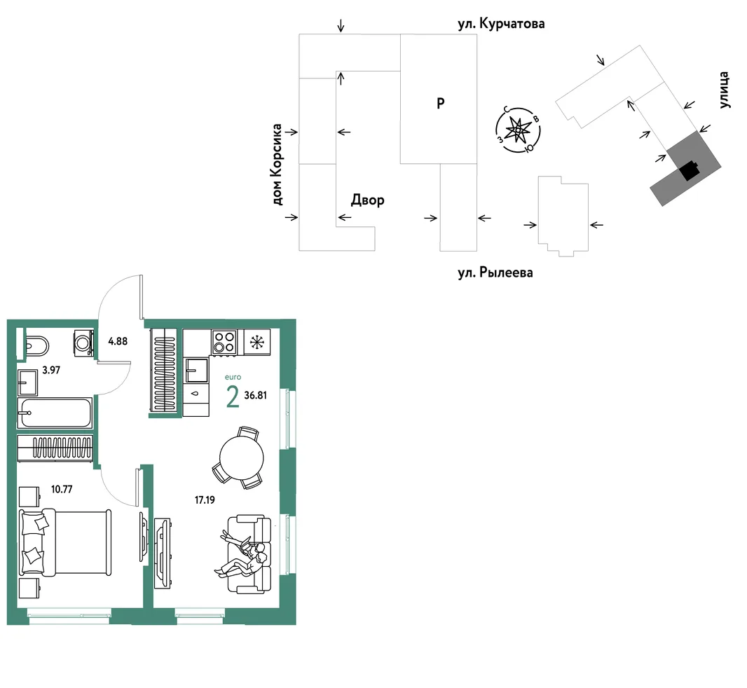 Планировка 2-комн. квартира, 37 м² ЖК «Остров-сад»