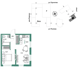 Планировка 2-комн. квартира, 37 м² ЖК «Остров-сад»