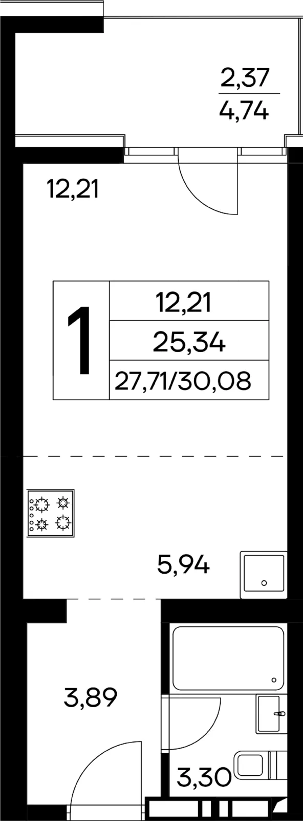 Планировка 1-комн. квартира, 30.08 м² ЖК «Лучистое»