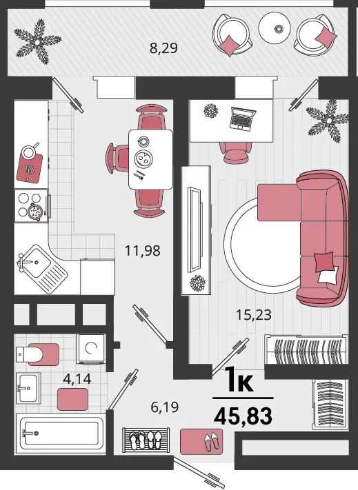 Планировка 1-комн. квартира, 45.83 м² ЖК «Родные просторы»