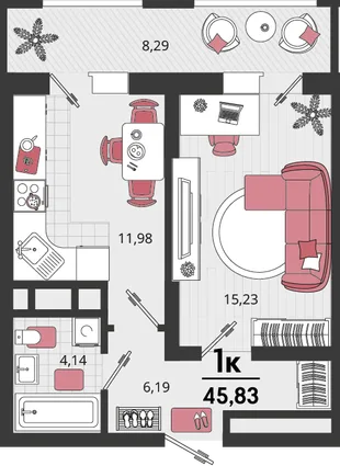 Планировка 1-комн. квартира, 45.83 м² ЖК «Родные просторы»