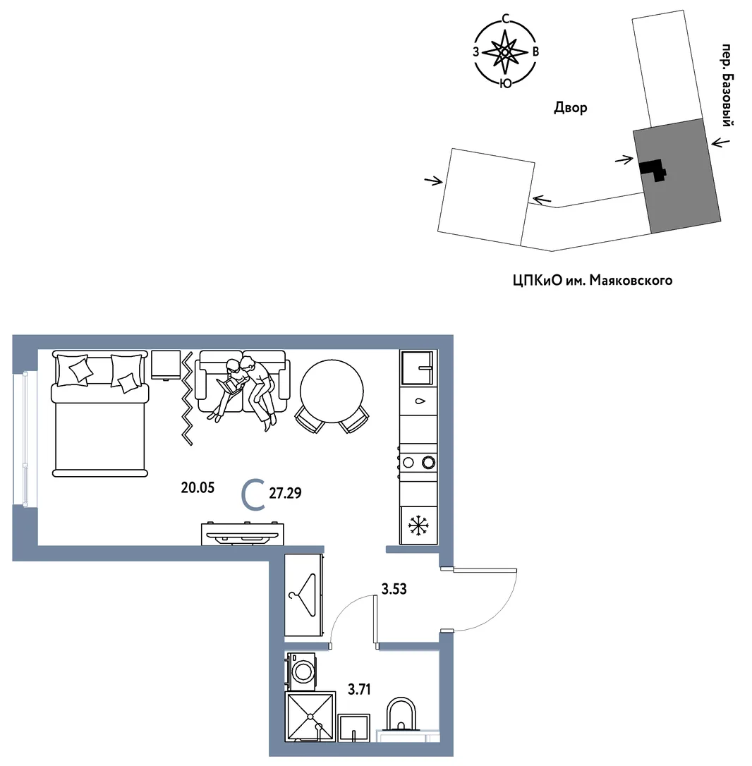 Планировка Студия, 27.29 м² ЖК «Сибирский сад»