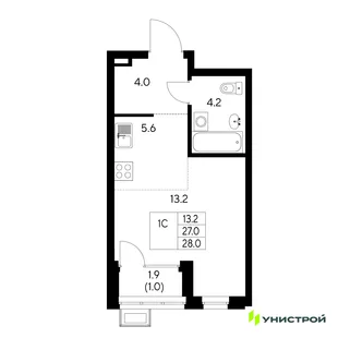 Планировка 1-комн. квартира, 28 м² ЖК «Стадиум»
