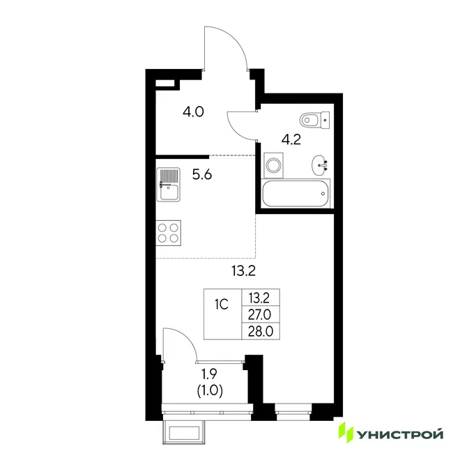 Планировка 1-комн. квартира, 28 м² ЖК «Стадиум»