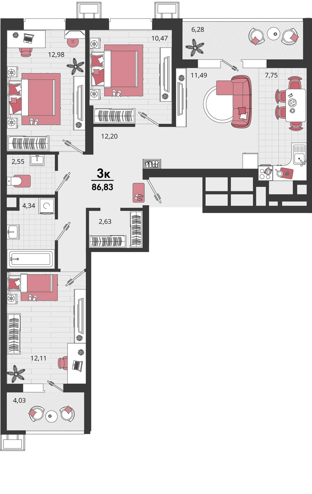 Планировка 4-комн. квартира, 86.83 м² ЖК «Родные просторы»