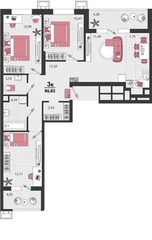 Планировка 4-комн. квартира, 86.83 м² ЖК «Родные просторы»