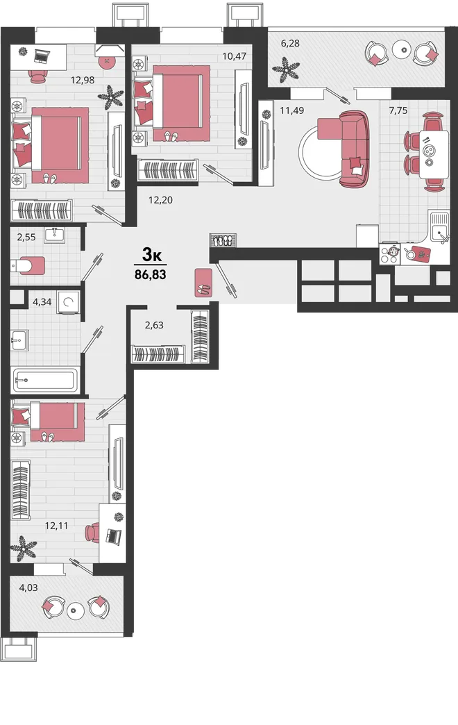Планировка 4-комн. квартира, 86.83 м² ЖК «Родные просторы» Планировка 4-комн. квартира, 86.83 м² ЖК «Родные просторы»