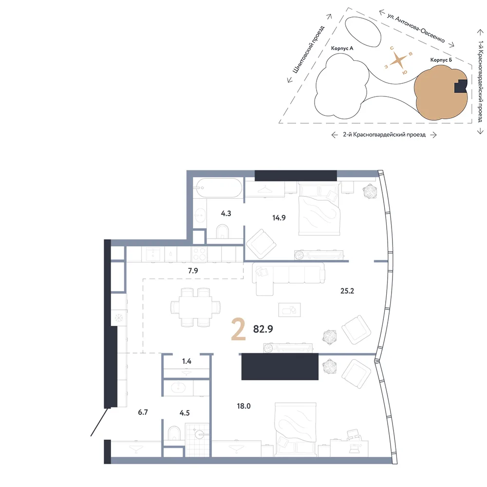Планировка 2-комн. квартира, 82.9 м² ЖК «АУРУС Резиденции»