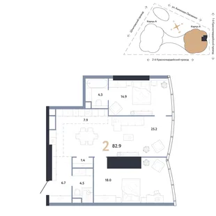 Планировка 2-комн. квартира, 82.9 м² ЖК «АУРУС Резиденции»