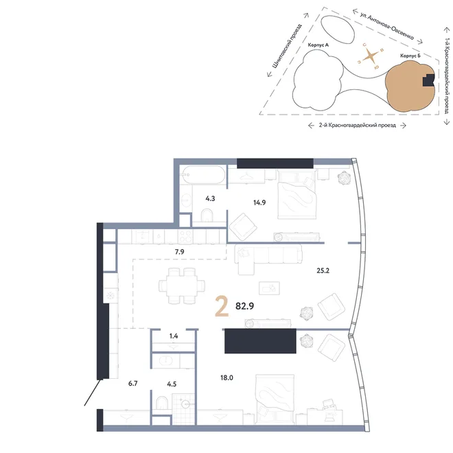 Планировка 2-комн. квартира, 82.9 м² ЖК «АУРУС Резиденции» Планировка 2-комн. квартира, 82.9 м² ЖК «АУРУС Резиденции»