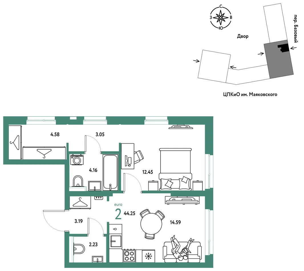 Планировка 2-комн. квартира, 44.25 м² ЖК «Сибирский сад»
