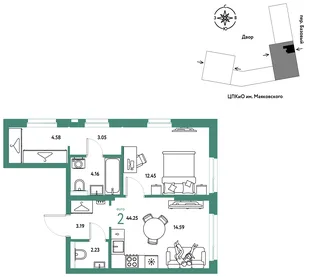 Планировка 2-комн. квартира, 44.25 м² ЖК «Сибирский сад»
