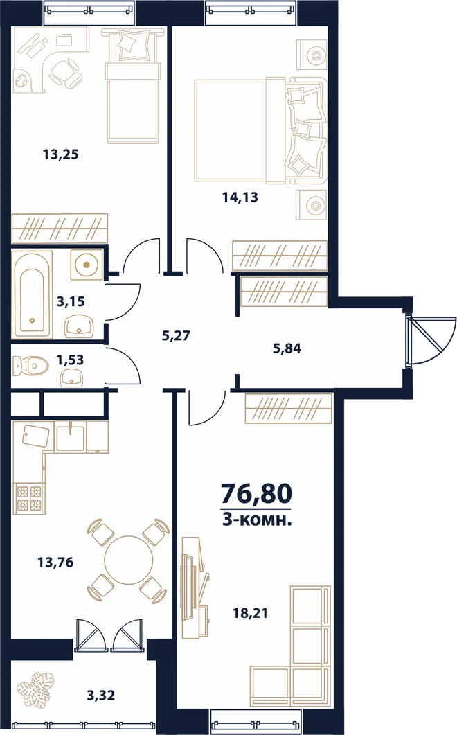Планировка 3-комн. квартира, 76.8 м² ЖК «Атмосфера» Планировка 3-комн. квартира, 76.8 м² ЖК «Атмосфера»