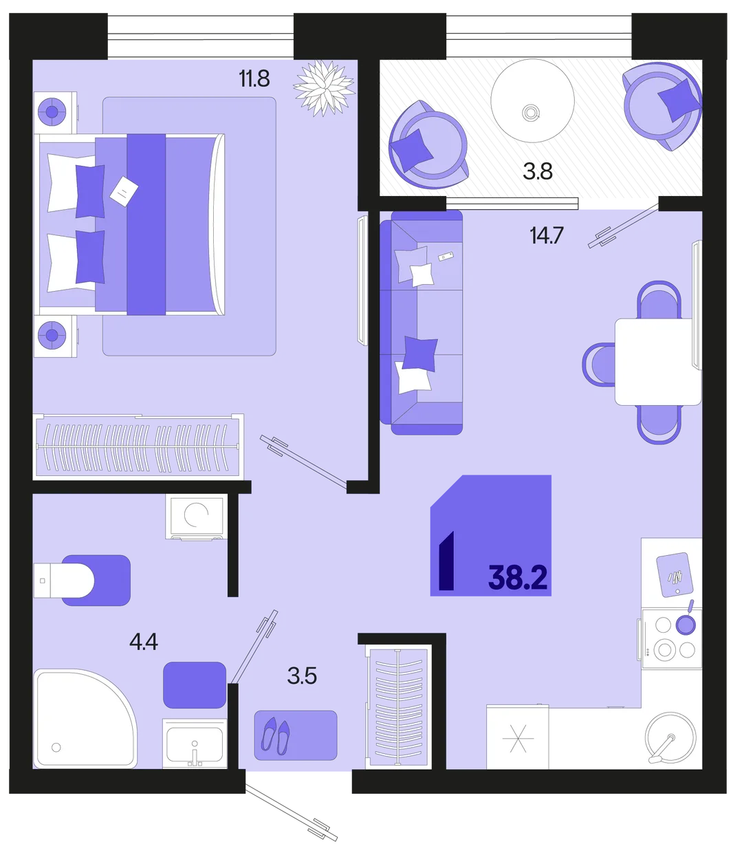 Планировка 1-комн. квартира, 38.2 м² ЖК «Первое место»