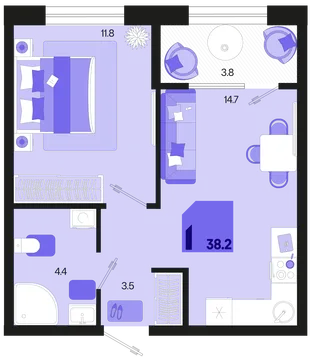 Планировка 1-комн. квартира, 38.2 м² ЖК «Первое место»